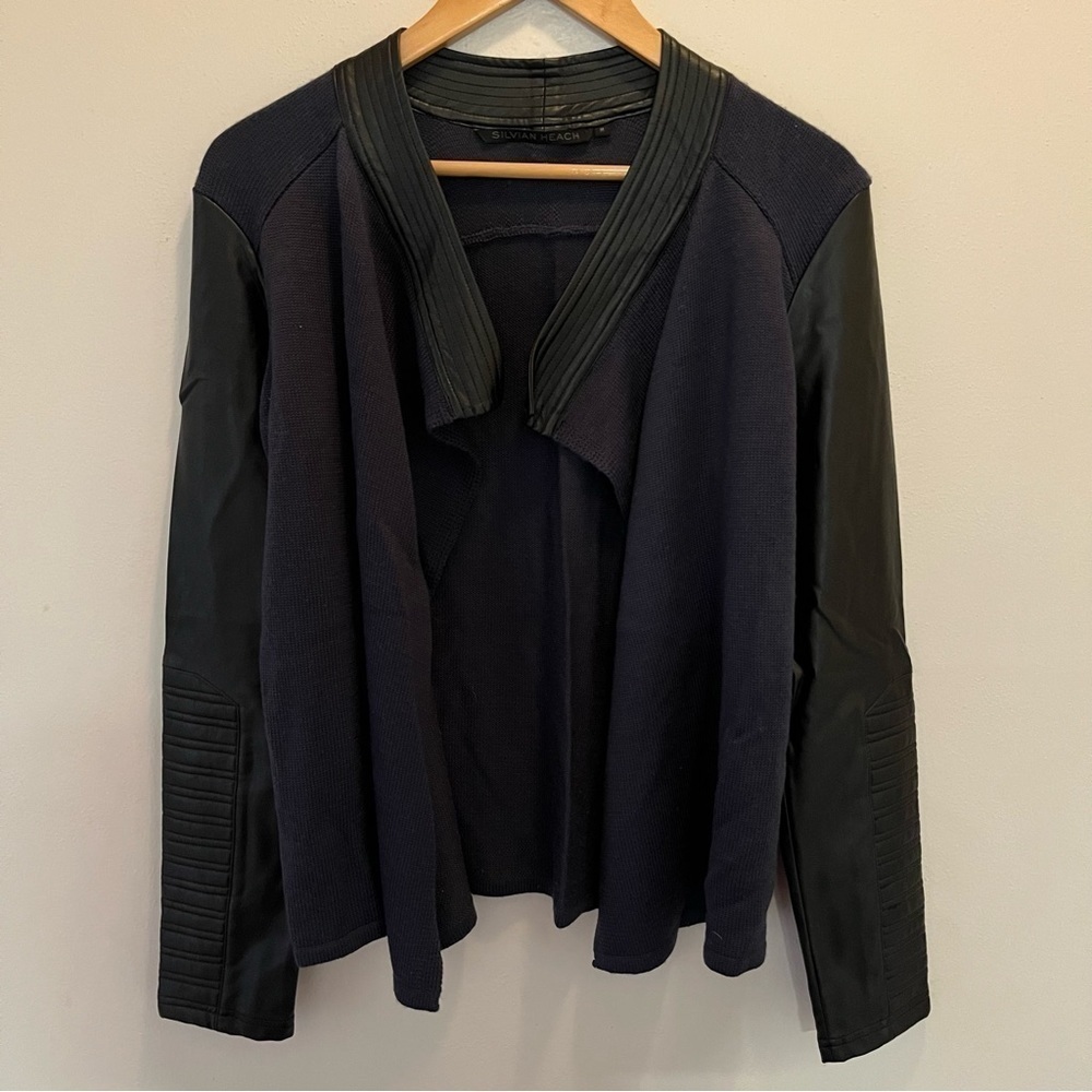 Silvian Heach Black and Blue Wool Blend Faux Leather Cardigan Women’s Medium